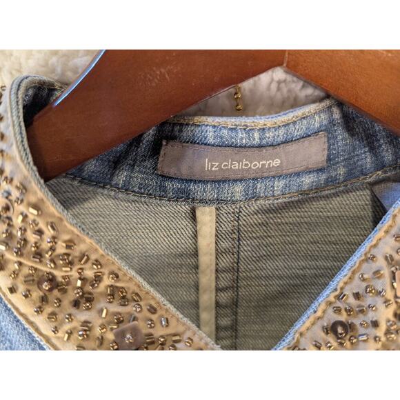 Liz Claiborne 100% Cotton Blue‎ Denim Brown Sequined Jacket Sz L - Picture 2 of 11